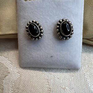 925 Sterling Silver Vintage Black Onyx Gem Beaded Stud Earrings